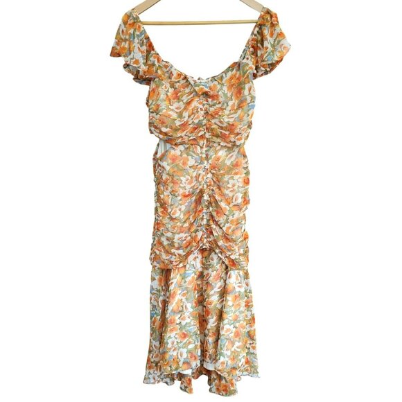 ASTR The Label Orange Floral Ruched Midi Milkmaid Dress Ruffle Sleeves Sz M NWT - Picture 1 of 6